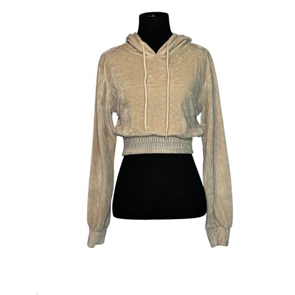 Roma Concept beige velvet long sleeves crop hoodie sweater size Small - Picture 9 of 15